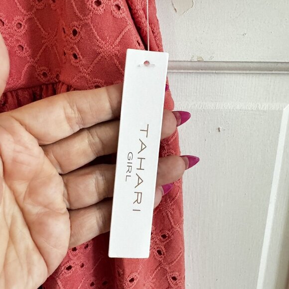 Tahari Girl Size 6 Eyelet Dress Salmon With Hair Scrunchie & Built-In Slip NWT’s - Picture 7 of 9